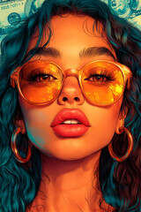Obraz premium Vibrant fashion portrait of a young woman with curly hair, wearing oversized orange glasses, against a tropical-themed background, perfect for summer and style magazines