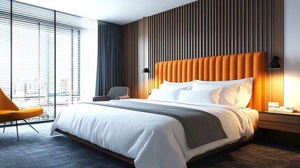 Modern design guest room hotel interior and decoration with white bedding orange headboard, wooden wall decoration, grey carpet, blind window and ceiling lighting 3d rendering bedroom.generative ai