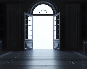 Fototapeta premium Mysterious dark room with an open double French door leading to an inviting bright outside, creating a contrast of light and shadow.
