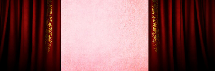金の模様のあるレトロな赤カーテンのステージ　AI画像　ジェネレーティブAI