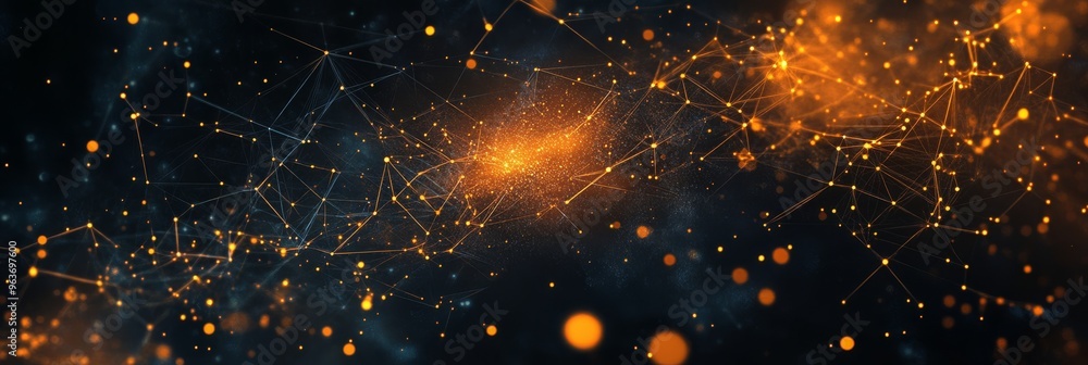 Poster a captivating digital network background features glowing particles and abstract shapes, representin