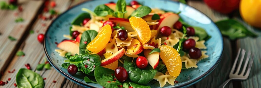 Colorful autumn spinach salad featuring apple slices, cranberries, mandarin oranges, and mini bow tie pasta served on a blue plate atop a wooden table.