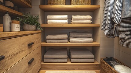 Wooden shelves with stacked towels and baskets in a modern bathroom.