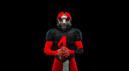 American football player, athlete sportsman in red helmet on stadium background. Sport and motivation wallpaper.