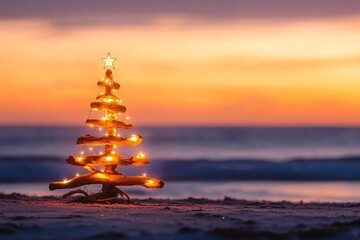 A coastal summer Christmas in Australia. A driftwood Christmas tree decorated with fairy lights on the beach in summer sunrise or sunset