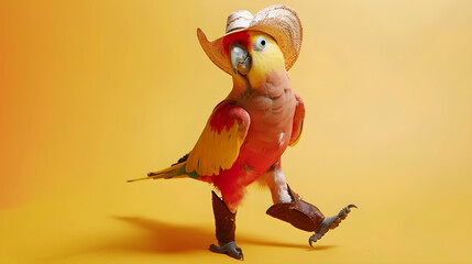 Colorful parrot in cowboy attire dancing enthusiastically, standing on a numbered surface in the image.
