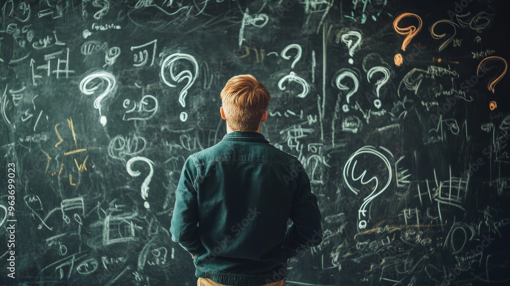 Poster a man thoughtfully stands before a blackboard filled with question marks and scribbles, deeply analy