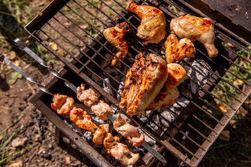Top view of assorted chicken pieces and skewers grilling on a portable BBQ in a grassy field,...
