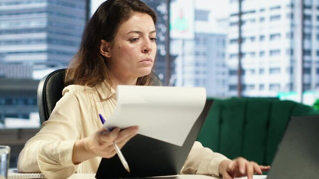 Corporate leader signing work contracts and agreements to approve leave requests and other documents for productivity. CEO businesswoman working on legal management, success story. Camera A.