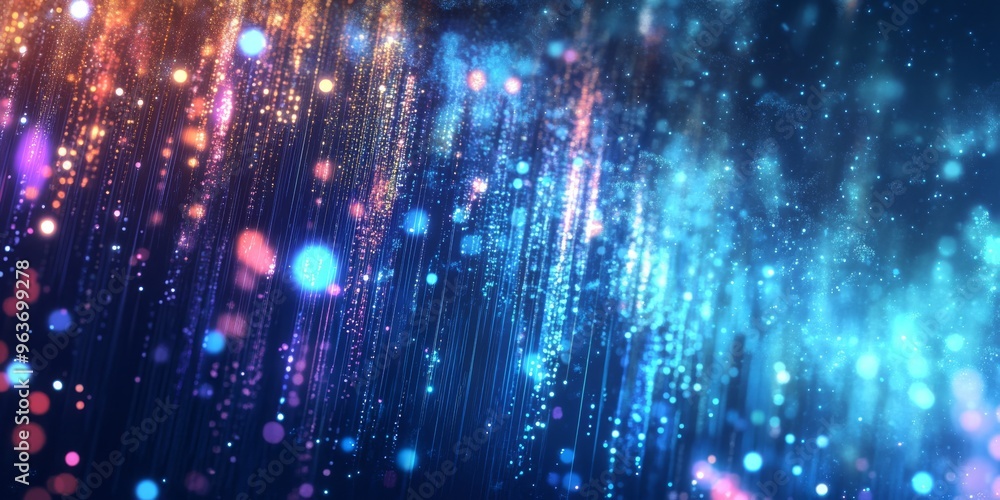 Poster an incredibly vibrant and abstract representation of cyberspace, featuring an array of glowing parti