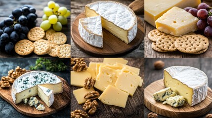 A collage of cheese plates with grapes, nuts, and crackers, showing different cheese types and textures.