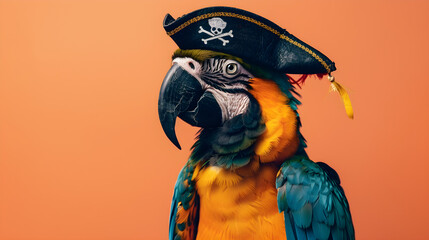 Colorful parrot with pirate hat and eye patch perched on a shoulder against a white background.