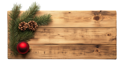 wooden signboard with Christmas pinecone decor, png isolated on transparent. 