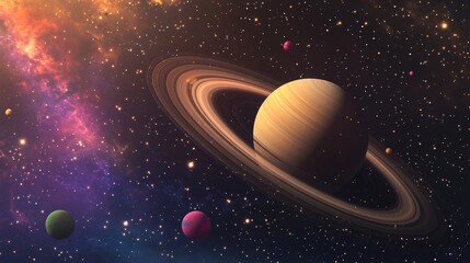 Naklejka premium saturn with colorful planets and starry background
