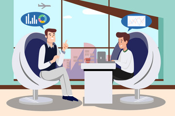 Work vector illustration concept business talk Financial and investment consulting The atmosphere is friendly and conversational.