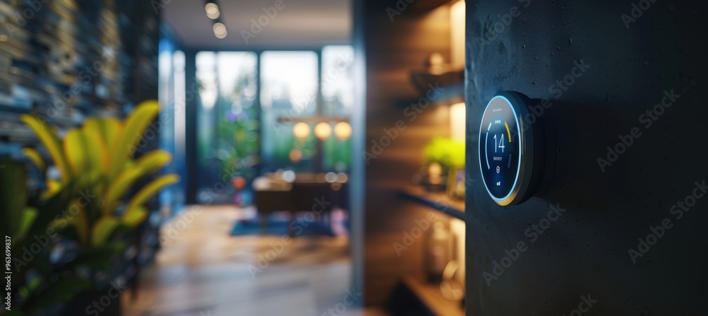 Poster smart thermostat interface in modern home: real-time energy savings and usage data display