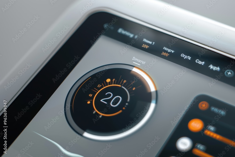 Poster smart thermostat interface showcasing real-time energy consumption and optimization options