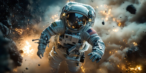 Fototapeta premium Astronaut floats in space surrounded by debris and fire.