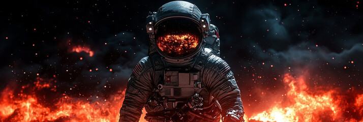 An astronaut stands amidst a fiery inferno, reflecting the danger and intensity of space exploration.