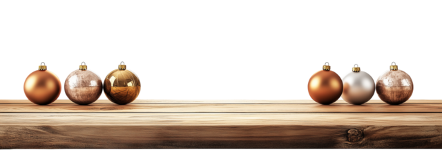 empty wooden table decorated with Christmas Ornaments and spheres, product display for advertising,  isolated on transparent. 