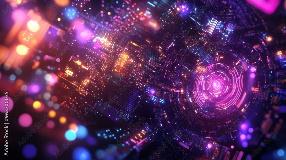 Poster a vibrant and futuristic digital abstract wallpaper that showcases glowing networks and intricate da