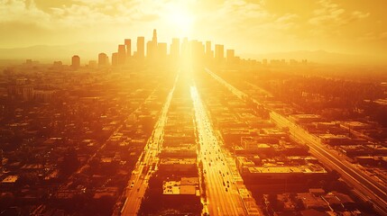 A heat-distorted cityscape with shimmering air above sun-scorched streets, emphasizing the urban challenges posed by rising global temperatures.