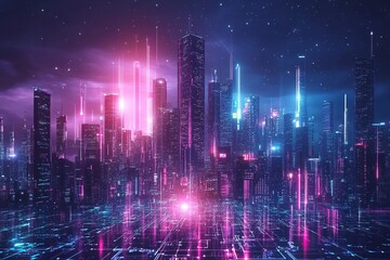 Panoramic urban architecture, cityscape with space and neon light effects. Modern hi-tech, science, futuristic technology concept. generative ai
