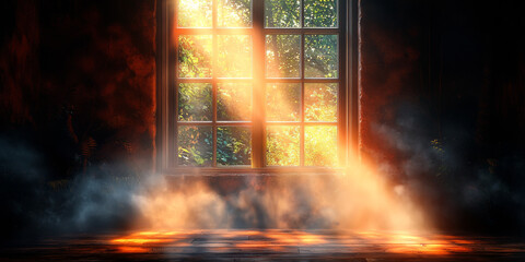Fototapeta premium A single window glows with warm sunlight in a dark room.