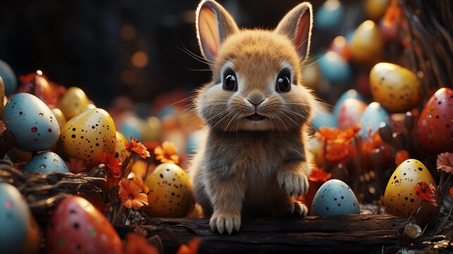 Happy Easter bunny with many colorful easter eggs.