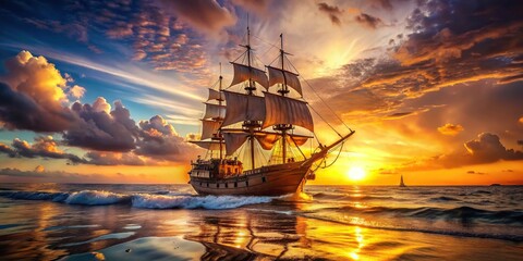 A whimsical depiction of a cartoon pirate ship sailing through crystal-clear waters, with the warm golden light of sunset casting a magical glow on the waves.