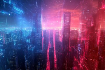 Obraz premium Panoramic urban architecture, cityscape with space and neon light effects. Modern hi-tech, science, futuristic technology concept. generative ai