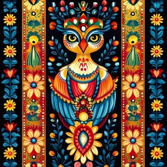 Obraz premium Colorful Madhubani Bhil art with intricate traditional folk motifs background