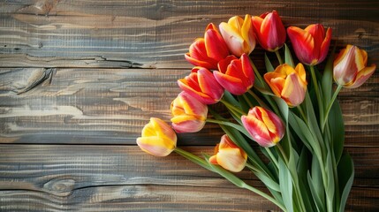 Tulip bouquet on wooden surface - aerial view. Greeting card
