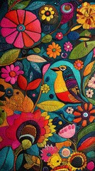 Colorful Madhubani painting with intricate folk designs and traditional motifs background