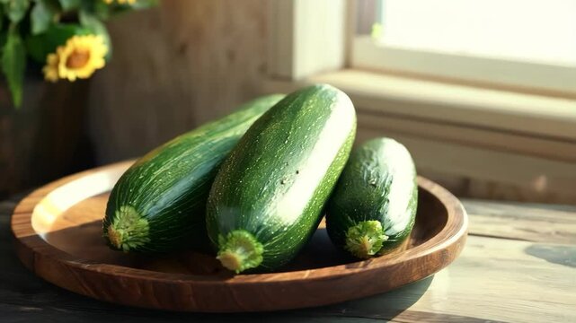 Freshly Picked Zucchini on Wooden Plate by Sunlit Window