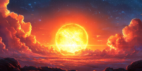 A fiery sun sets over a sea of clouds.