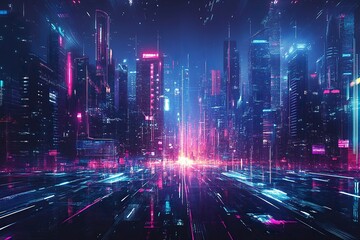 Fototapeta premium Panoramic urban architecture, cityscape with space and neon light effects. Modern hi-tech, science, futuristic technology concept. generative ai