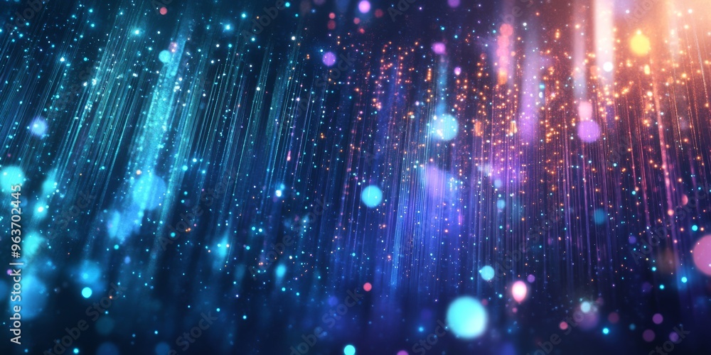 Poster this digital abstract background features glowing particles and vibrant colors, creating a captivati