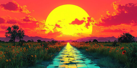 Obraz premium A path leads to a giant yellow sun setting over a field of flowers.