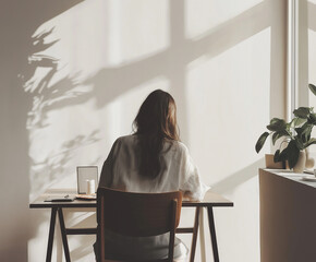 Back View of Person in Sunlit Room at Study Desk