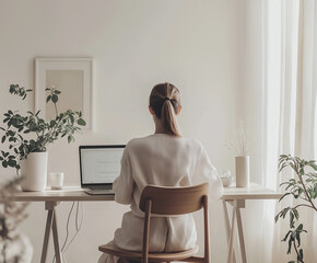 Back View of Woman Working at Home Office
