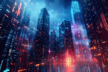 Panoramic urban architecture, cityscape with space and neon light effects. Modern hi-tech, science, futuristic technology concept. generative ai