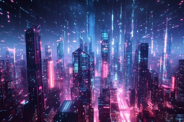Panoramic urban architecture, cityscape with space and neon light effects. Modern hi-tech, science, futuristic technology concept. generative ai