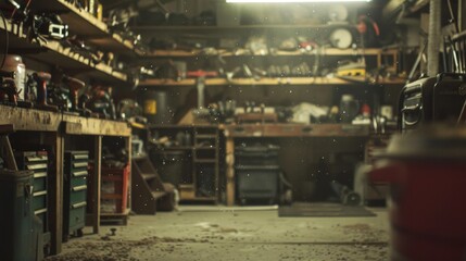 Fototapeta premium Dimly Lit Garage Workshop with Tools on Shelves