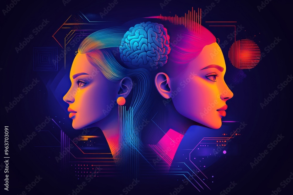 Aufkleber cognitive intelligence social neural dynamics dual neon profiles with contrasting blue and red color