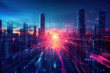 Fototapeta premium Panoramic urban architecture, cityscape with space and neon light effects. Modern hi-tech, science, futuristic technology concept. generative ai