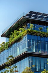 Eco-Friendly Modern Corporate Office Building with Solar Panels and Green Rooftop Garden