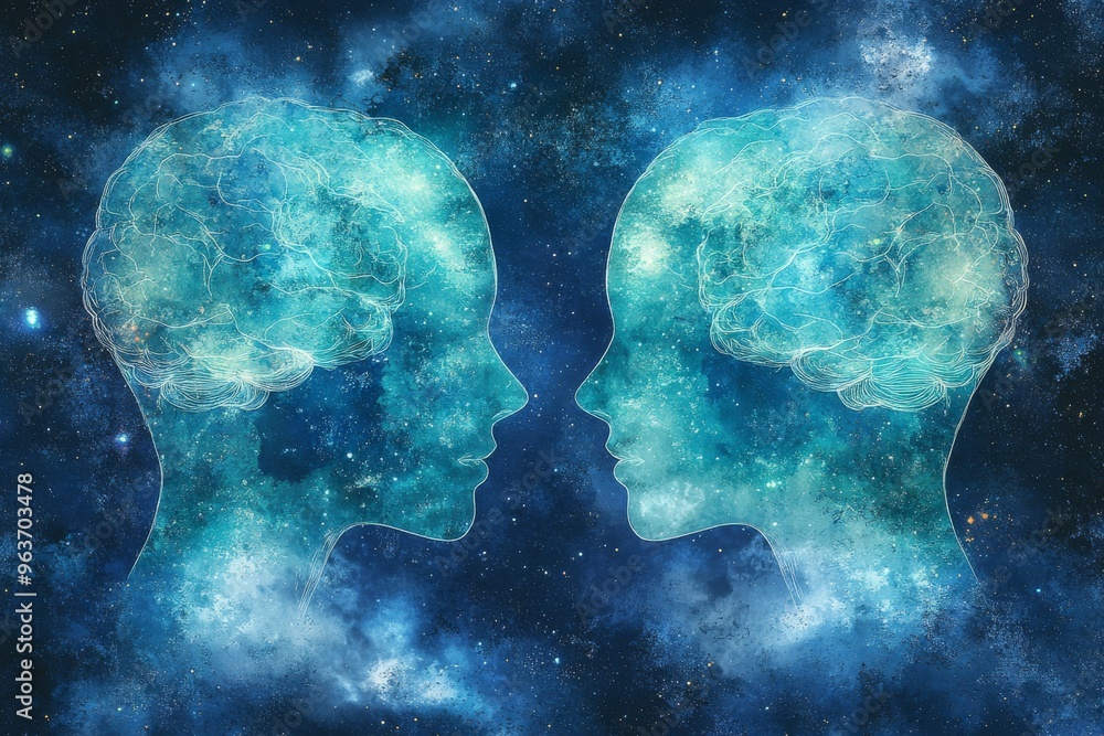 Poster neural cognition social neural dynamics ethereal glowing human heads with cosmic textures representi