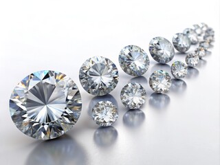 A precision-crafted illustration of diamonds in a staggered array, with an emphasis on clarity, accuracy, and precise rendering, set against a minimalist white background for a jewelry catalog.
