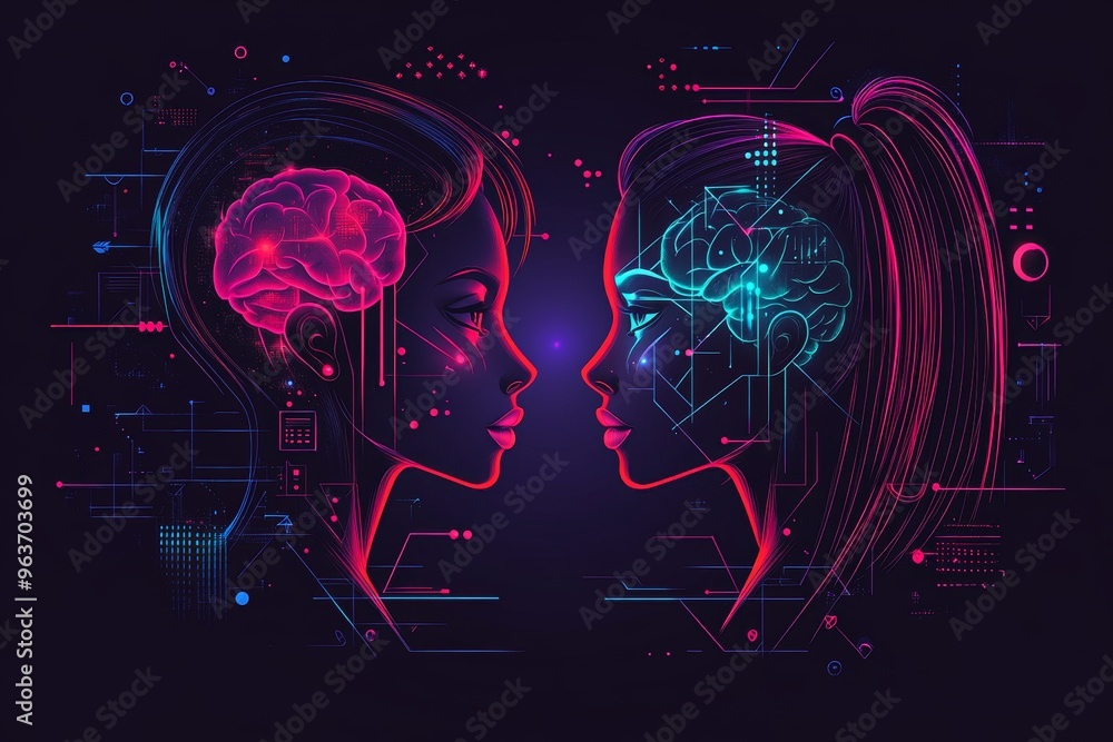 Poster neural stamina social neural dynamics neon digital interface of human heads with neural pathways rep